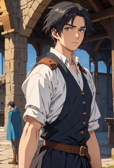 A single man anime style semi-realistic short black hair and blue eyes, He wears poor medieval European clothes