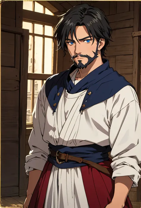 A single man anime style semi-realistic short black hair and blue eyes with beard, He wears poor medieval European clothes