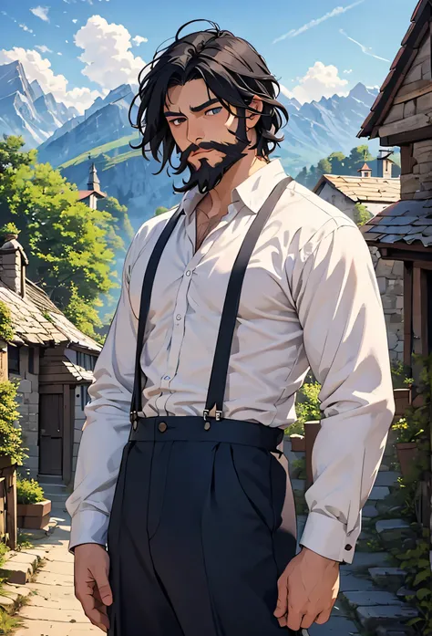 A single man anime style semi-realistic short black hair and blue eyes with beard, He wears worn medieval long-sleeved shirt, worn medieval trousers with suspenders, in a poor village near the mountain