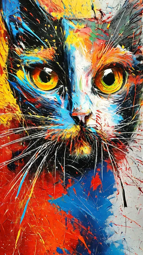 rugged paint texture、Cat drawn with oil paint、face up、Texture of rough paint facing diagonally upwards、colorful、colorfulな毛並み、Impasto（Impasto）、 sputtering 