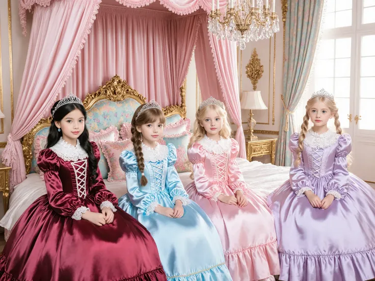 Realistic photo,Luxurious palace bedroom, 4 beautiful little princesses gathered on a huge canopy bed,((little girls, 12 years old:1.2)),sophisticated atmosphere like a fashion photo Princesses' costumes:
- Princess in Pink Dress: Blonde Elegant Up Hair, ...