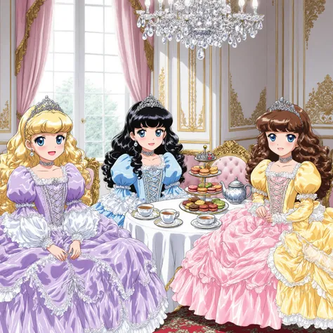 highest quality, masterpiece, highest resolution, artwork, super detailed,((retro anime style,anime screencap,hi vision:1.5)), Four Beautiful little Princesses, 12 years old,little girls, Big Eyes,blue eyes,Long eyelashes,(( happy smile,open mouth:1.0)),r...