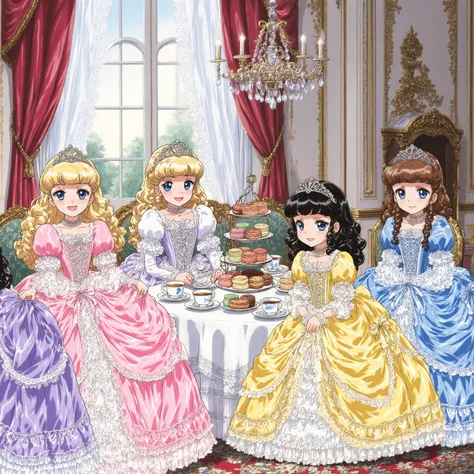 highest quality, masterpiece, highest resolution, artwork, super detailed,((retro anime style,anime screencap,hi vision:1.5)), Four Beautiful little Princesses, 12 years old,little girls, Big Eyes,blue eyes,Long eyelashes,(( happy smile,open mouth:1.0)),r...