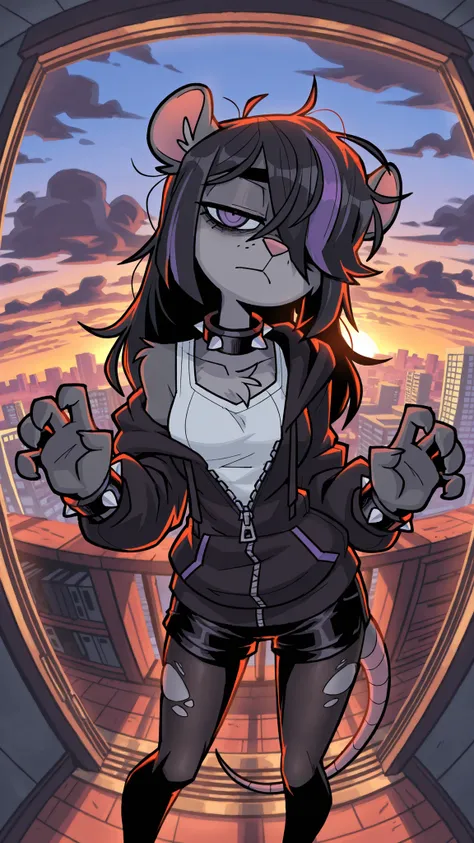 masterpiece, best quality, amazing quality, very aesthetic, high resolution, ultra-detailed, absurdres, newest, scenery, 1girl, possum, furry female, purple eyes, black hair (purple highlights), messy hair, long hair, (19-year-old girl), closed mouth, look...