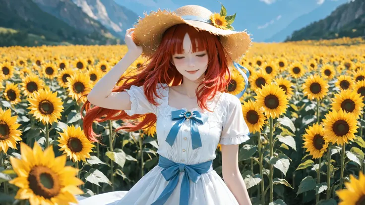 masterpiece、Top Quality、 4K、masterpiece、 Ultra High Definition 、Flower field、Sunflower field、evenings
Genshin_Nilou, 1girl, yong girl,with a young face,A perfect smile,blush,Red hair、Straw Hat、white dress、Short sleeve、light blue ribbon、
upper body、Wind Blo...