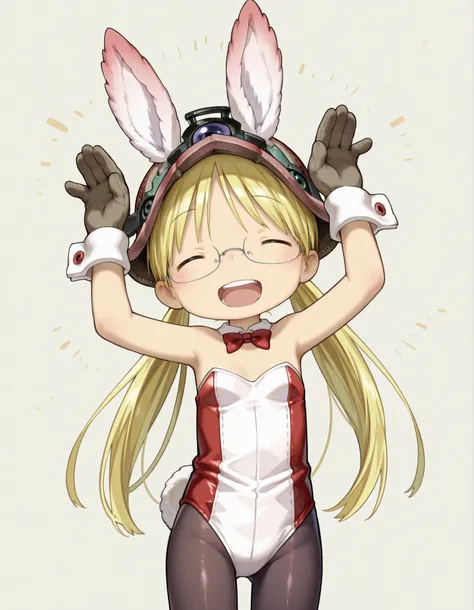 miabyss,, made in abyss,, solo, riko \(made in abyss\), akihito style,(best quality, detailed, masterpiece), long hair, glasses, closed eyes, smile, :D, teeth, bangs, gloves, bright colors, simple background, bunny girl costume, rabbit pose, arms up, stan...