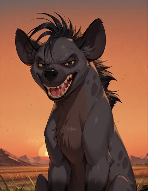 masterpiece, best quality, very aesthetic,, solo, masterpiece, best quality, highly detailed, realistic, 1girl, solo, ShenziTLK, furry, feral, hyena ears, black hair, short hair, back mane, dark-grey inner ear fluff, yellow sclera, black eyes, black nose,...
