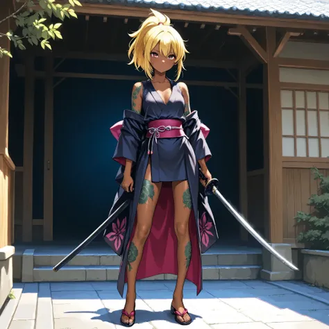 beautiful ninja holding a Japanese sword、Trying to cut bamboo、 Ponytail、yellow hair、 Brown Skin 、 thin legs、 Japanese Kimono、 perfect face 、 masterpiece, blue puff sleeve leotard , Highest Quality, textured skin, Full Body Tattoos /Japanese ca...