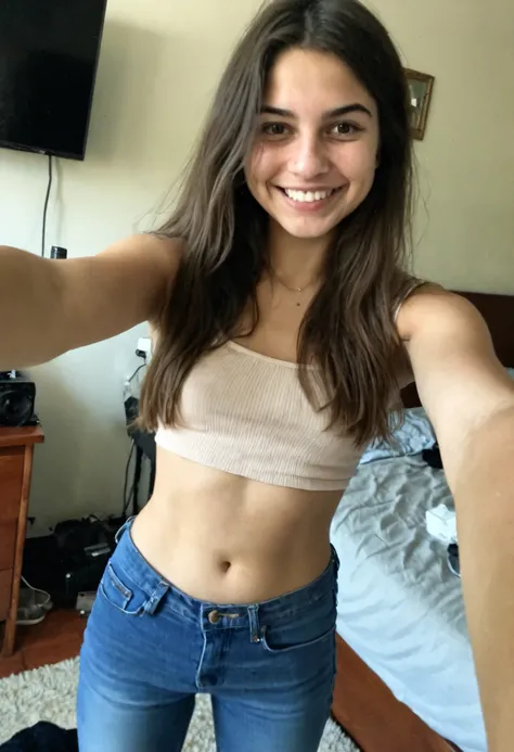 Authentic share, amateur selfie, A 22 year old Italian girl wearing jeans and a casual top. She is smiling casually, with minimal makeup, in a casual setting like her bedroom. the background shows some personal items, film grain, cinematic filter  