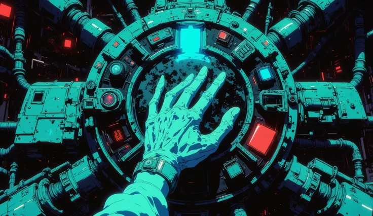 A masterpiece, a 90s-style anime scene, cel tone, 3-tone shading, 32k high resolution. A cinematic overhead close-up of a young woman's delicate hand pressing glowing buttons on the futuristic control panel of a spaceship. The panel is slightly reflective,...