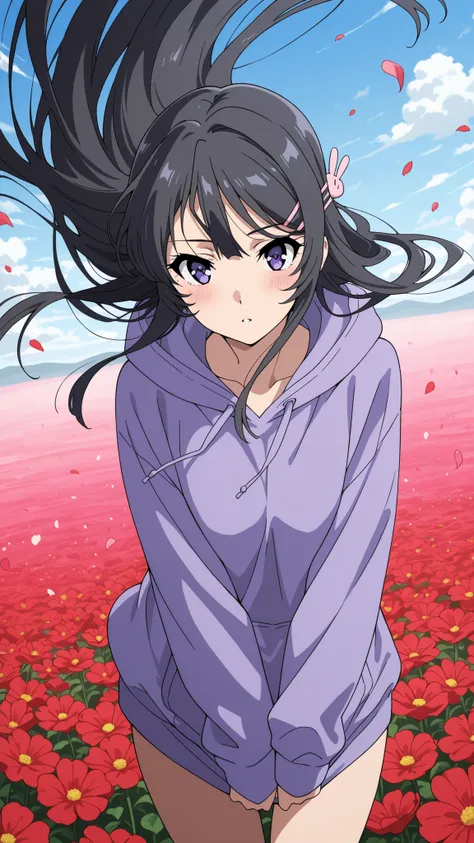 BREAK (masterpiece:1.2), best quality, high resolution, unity 8k wallpaper, (illustration:0.8), (beautiful detailed eyes:1.6),Twisting clouds forming a cyclone
above an open red flower field,
flowers bending sharply under wind pressure,
air filled wi...