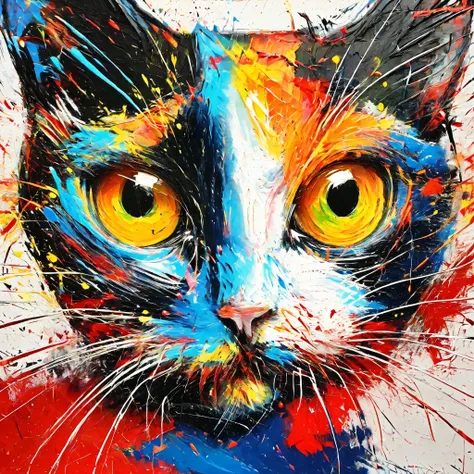 rugged paint texture、Cat drawn with oil paint、face up、Texture of rough paint facing diagonally upwards、colorful、colorfulな毛並み、Impasto（Impasto）、 sputtering 