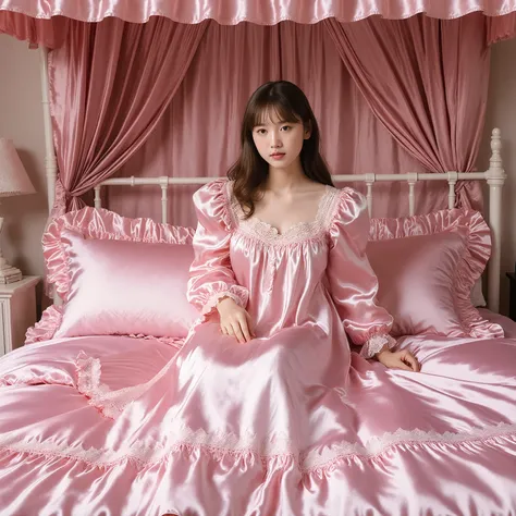 A girl on the bed,plump quilted pink silk satin nightgown, long sleeves,frilled sleeves,a bed with a mountain of pink silk satin pillows,((sissy pink canopy bed,king size bed,more big bed:1.0)),lot of frilled pillows,more pillows, A plump qulited pink silk...