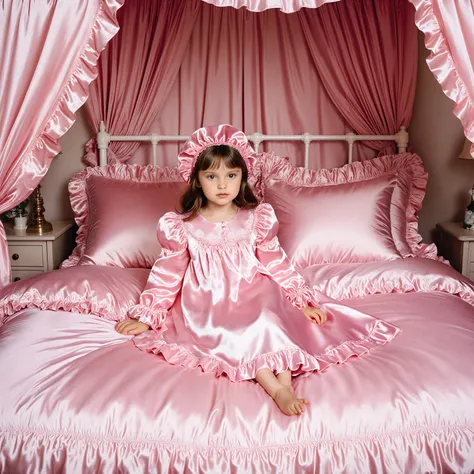 ((A American little girl on the bed,ten years old,plump quilted pink silk satin nightgown,frilled mobcap:1.5)),long sleeves,frilled sleeves,a bed with a mountain of pink silk satin pillows,((sissy pink canopy bed,king size bed,more big bed:2.0)),lot of fri...