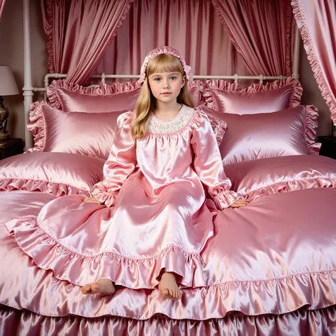 ((A American little girl on the bed,blond long hair,ten years old,plump quilted pink silk satin nightgown,frilled mobcap:1.5)),long sleeves,frilled sleeves,a bed with a mountain of pink silk satin pillows,((sissy pink canopy bed,king size bed,more big bed:...