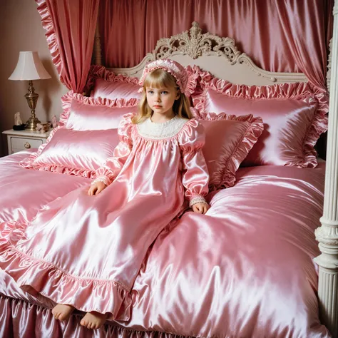 ((A American little girl on the bed,blond long hair,ten years old,plump quilted pink silk satin nightgown,frilled mobcap:1.5)),long sleeves,frilled sleeves,a bed with a mountain of pink silk satin pillows,((sissy pink canopy bed,king size bed,more big bed:...