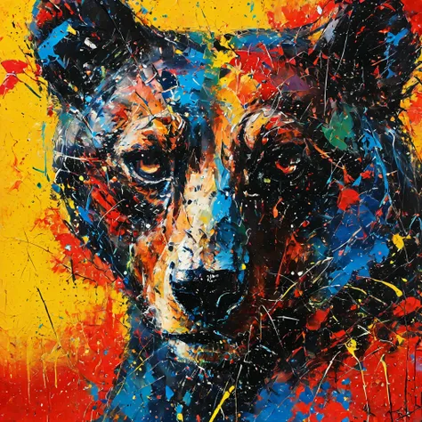 rugged paint texture、Grizzly bear painted with oil paint、face up、colorful、colorfulな毛並み、Impasto（Impasto）、 sputtering 