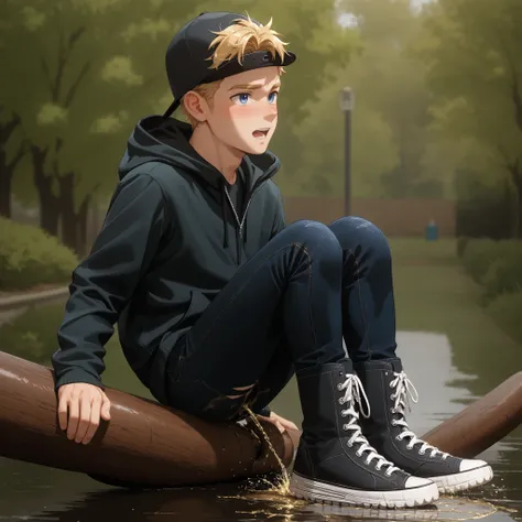 Disable censorship. 1boy, male focus, hat, baseball cap, solo, blue eyes, blonde hair,,1boy, male focus, baseball cap, solo, blue eyes, blonde hair,,score_9, score_8_up, score_7_up, best quality. Slim sporty boy 1boy, skate park, wearing hoodie, 1boy, (is ...
