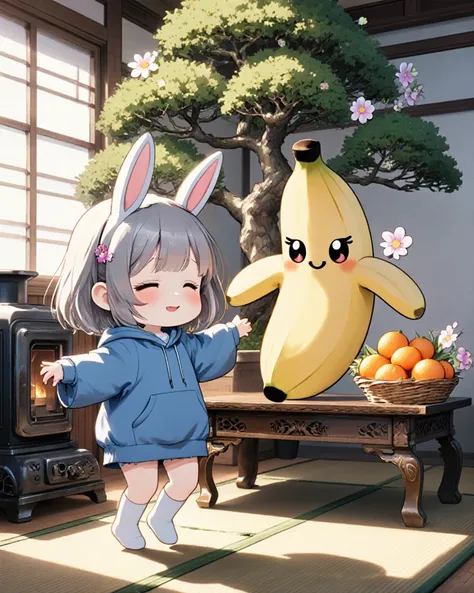 chibi-anime, intricated illustration, dramatic scene, shadow, (chibi), there are 1 girl\(a sleepy little character, silver short haired, wearing a knee-length blue wide-fit hoodie, wearing rabbit ears, with eyes tightly closed, a weak expression, white socks\) and cute banana character( cute animated chibi character of a banana, simplified banana character, simple smiled face, detailed adorable detailed eyes, meowing\),  a cute chibi girl is dancing with the banana character), (on the bonsai tree in the traditional Japanese room), (Japanese antique table, piles of mandarin oranges are in a basket on the table, on Tatami floor, antique oil stove, Japanese antique furnishings with flower decorations), (huge Bonsai with flower decoration), gentle sunlight, they looks so happy, 
