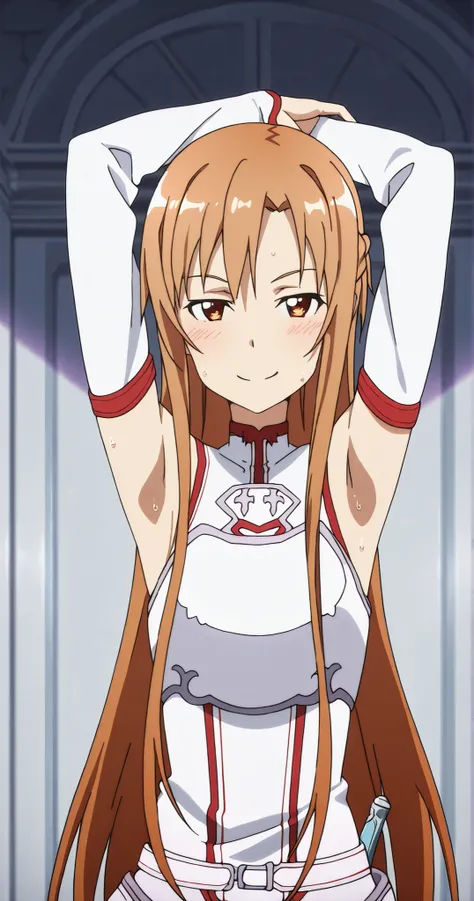 masterpiece, best quality, amazing quality, anime screencap, anime coloring, 1girl, solo, Yuuki Asuna, Yuuki Asuna SAO costume, White Armor, White breastplate, White isolated sleeve, (character), long hair, detached sleeves, bare shoulders, arms up, both r...