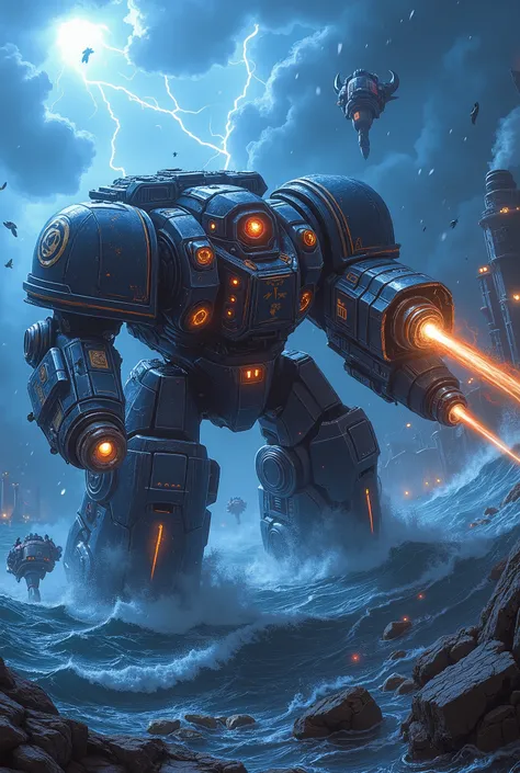 Scene Type: Cinematic Action Scene
Main Subject: Giant Brutalist Mech (Jaeger-style), heavily armored with angular brutalist slabs, glowing runes, cybernetic enhancements, crimson optics
Pose & Action: Rising from turbulent sea, right arm wields electr...