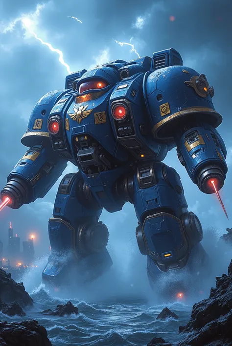 Scene Type: Cinematic Action Scene
Main Subject: Giant Brutalist Mech (Jaeger-style), heavily armored with angular brutalist slabs, glowing runes, cybernetic enhancements, crimson optics
Pose & Action: Rising from turbulent sea, right arm wields electr...