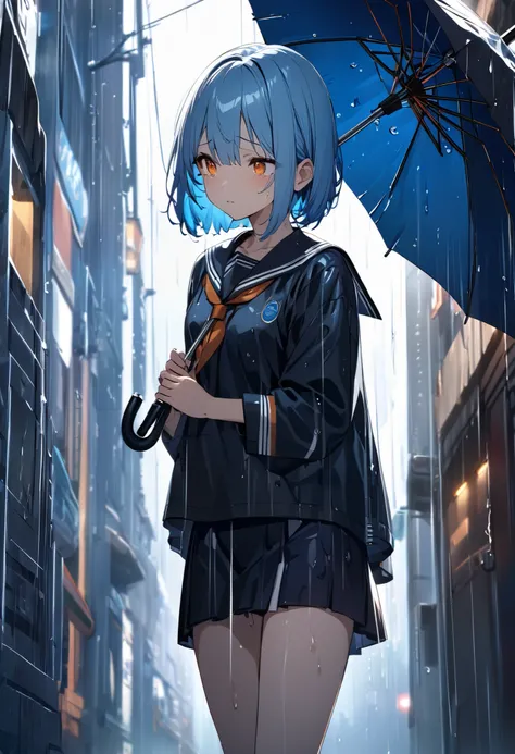 One Girl、Light blue hair、Orange Eyes、Slanted Eyes、Black sailor suit、Navy blue mini skirt、whole body、Holding an umbrella、rain、blue hair, wet hair, bob cut, tsurime, Orange Eyes,  tears, uhd, super detail、Dim lighting