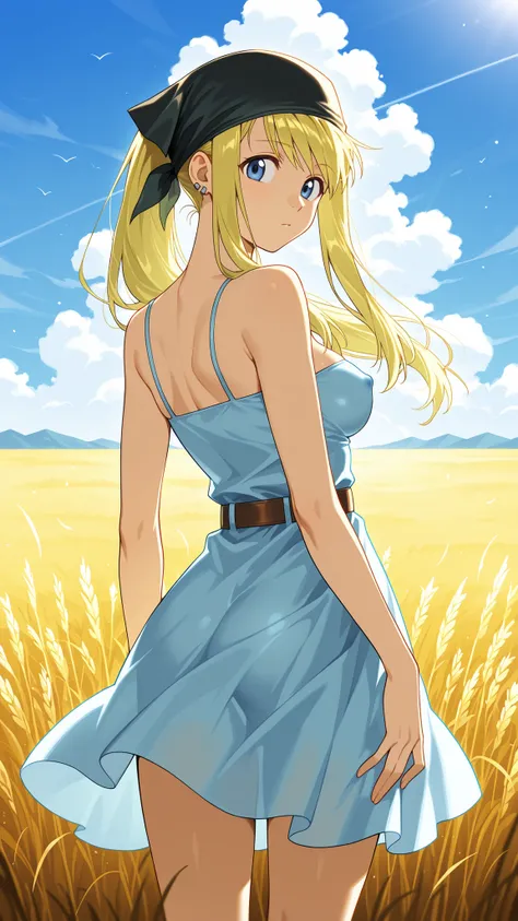 BREAK (masterpiece:1.2), best quality, high resolution, unity 8k wallpaper, (illustration:0.8), endless golden wheat field under a clear bright blue sky, soft fluffy clouds drifting slowly, vivid summer sunlight casting warm glow on the field, gentle breez...