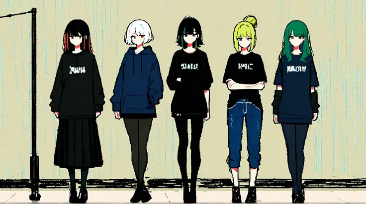 anime 4 girls standing side by side in a studio background, one with short white hair wearing a black hoodie and black pants, one with long black hair with red streaks wearing all black and arms crossed, one with blonde hair in a bun wearing a black t-shir...