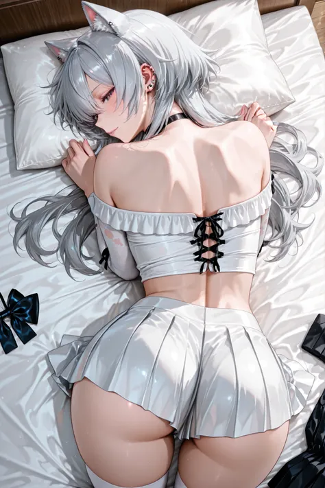 wolf cut、Medium Long Hair、Shining silver hair、attractive face on back、adult woman、white off-shoulder、white miniskirt、pleated skirt、black choker、piercings、white clothes、lies down on the bed、Face Down、Bow down、HIGH DEFINITION、high resolution、thighs