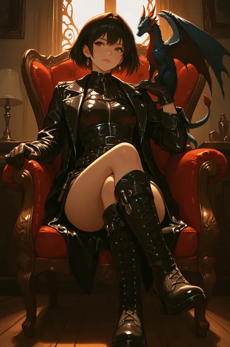 Stylish anime girl with, short hair and leather gloves sitting in a vintage chair, wearing a dark suit and, holding a small dragon perched quietly on her shoulder, boots both looking great and composed, dimly lit room with dramatic shadows, fantasy environ...