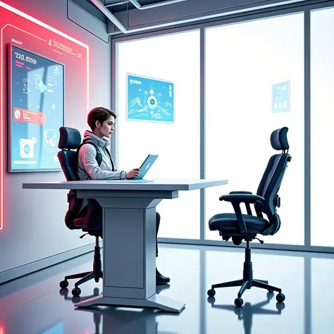 illustration in digital gouache style. side view of figure in cyberpunk jacket with purple seams and matching helmet, standing before holographic landscape of quicksand with golden swirls, symbolizing a shifting market. figure holds holographic compass wit...