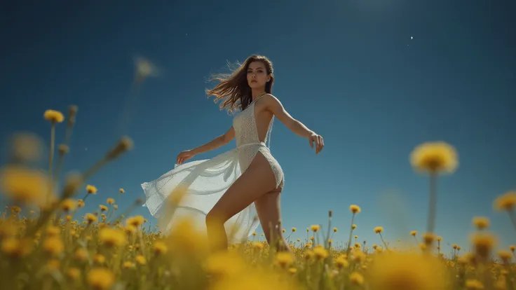 (low angle view, full action, motion blur, very dark blue sky, 1star in the sky). (in the foreground, medium shot, photorealistic, dancing with the close-up flying dandelion), a young cold large-breast:1.1 eastern woman in a very sexy deep-v half-transpare...