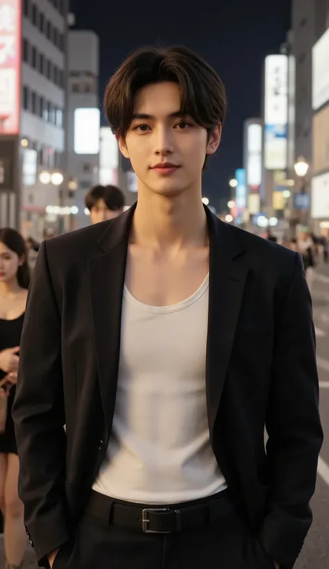 man standing in front of camera,One person、((full body shot with mahiru:1.5))、 with a smile、a portrait, Inspired by Ruben Tam, wearing a white tank top as an inner layer and a black suit,black belt、 ((CENTER PART HAIRSTYLE:1.5))、Justin Sun , headshot, For ...