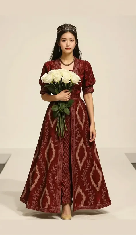 A girl walking down the runway in a traditional patterned red dress, holding a bouquet of white roses with one hand, pressed gently against her chest. The image is ultra high resolution, with sharp details, vibrant colors, realistic lighting, and intricate...