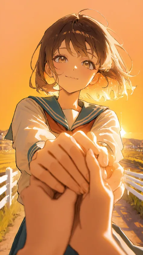 시티팝, anime girl, short brown hair, sailor school uniform, holding viewer’s hand, soft smile, backlight sunset, golden hour, glowing hair, first-person POV, countryside road, white fence, orange sky, warm color tone, soft shadows, emotional atmosphere, cine...