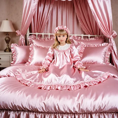 ((Wide view,far view:2.0)),((A American little girl on the bed,blond long hair,ten years old,plump quilted pink silk satin nightgown,frilled mobcap:1.5)),long sleeves,frilled sleeves,a bed with a mountain of pink silk satin pillows,((sissy pink canopy bed,...
