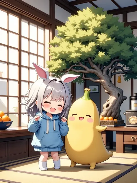chibi-anime, intricated illustration, dramatic scene, shadow, (chibi), there are 1 girl\(a sleepy little character, silver short haired, wearing a knee-length blue wide-fit hoodie, wearing rabbit ears, with eyes tightly closed, a weak expression, white socks, smiled with closed eyes\) and cute banana character( cute animated chibi character of a banana, simplified banana character, simple smiled face, detailed adorable detailed eyes, meowing, looks like a giant fat cat\),  a cute chibi girl is dancing while her eyes closed with the banana character), (on the bonsai tree in the traditional Japanese room), (Japanese antique table, piles of mandarin oranges are in a basket on the table, on Tatami floor, antique oil stove, Japanese antique furnishings with flower decorations), (huge Bonsai with flower decoration), gentle sunlight, they looks so happy, 