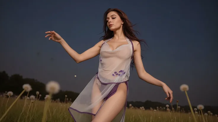 (low angle view, full action, motion blur, very dark blue sky, 1star in the sky). (in the foreground, medium shot, photorealistic, dancing with the close-up flying dandelion), a young cold large-breast:1.1 eastern woman in a very sexy deep-v half-transpare...