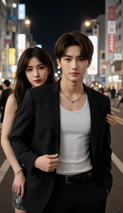 man standing in front of camera,One person、((full body shot with mahiru:1.5))、 with a smile、wearing a white tank top as an inner layer and a black suit,black belt、 ((CENTER PART HAIRSTYLE:1.5))、Justin Sun ,  Asian male, Promotional Images、and the backgroun...
