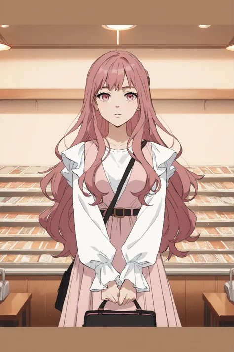 score_9, score_8_up, score_7_up, source_anime,
Onduled long hair, brown pink hair, pink eyes style wind breaker, pink dress