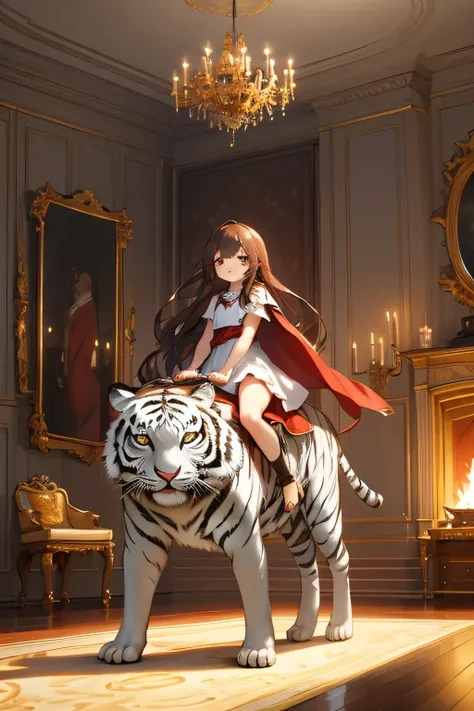 A small girl with long, flowing brown hair, about 6 years old, is riding majestically on the back of a large white tiger. She wears a deep crimson cape that billows behind her, and a simple cream-colored dress. The tiger is positioned in the center of a gr...