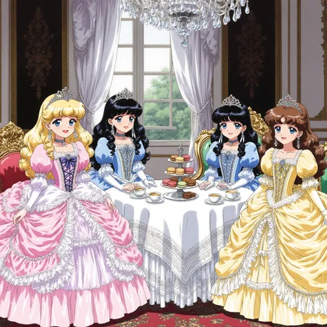 highest quality, masterpiece, highest resolution, artwork, super detailed,((retro anime style,anime screencap,hi vision:1.5)), Four Beautiful little Princesses, 12 years old,little girls, Big Eyes,blue eyes,Long eyelashes,(( happy smile,open mouth:1.0)),r...