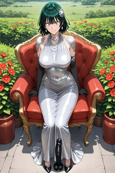 solo, full body, fubuki (one-punch man) sexy busty body mature, shocked expression, simple silver crown, gloves, green eyes, dress, silver dress with gold embroidery on it, black laced gloves, upper body, green hair, flower, medium hair, mysterious smile, ...