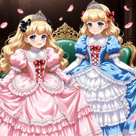 highest quality, masterpiece, highest resolution, artwork, super detailed, retro anime style,hi vision,((Two little girl is a princess,short body height:1.3)),blond long hair, Big Eyes,blue eyes,Long eyelashes, A gentle smile
,Lustrous lips ,She is skirt ...