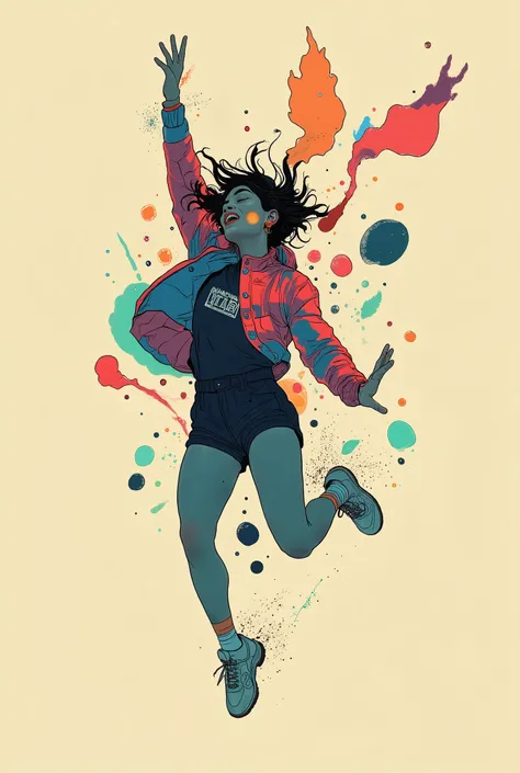 A lively, dynamic silhouette of a leaping figure, probably a dancer or athlete, drawn on a soft beige background. The person is a bold and vibrant color collage, and contains a shade of red, Blue, green, And purple, watercolor, Abstract Style . This creat...