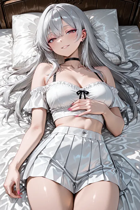 wolf cut、medium long hair、Shining silver hair、attractive face on back、adult woman、white off-shoulder、white miniskirt、pleated skirt、black choker、piercings、white clothes、bedに寝転がる、Face Down、thighsアップ、high image quality、high resolution、thighs、bed