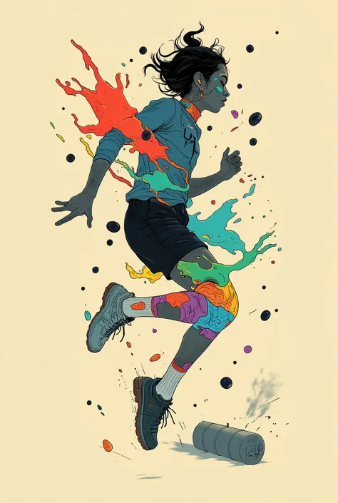 A lively, dynamic silhouette of a leaping figure, probably a dancer or athlete, drawn on a soft beige background. The person is a bold and vibrant color collage, and contains a shade of red, Blue, green, And purple, watercolor, Abstract Style . This creat...