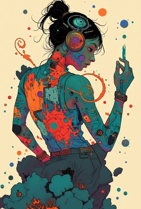 Vivid and dynamic silhouettes of dancing figures, probably a dancer or athlete, drawn on a soft beige background. The person is a bold and vibrant color collage, and contains a shade of red, Blue, green, And purple, watercolor, Abstract Style . This creat...