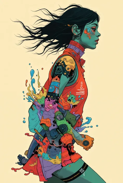 The lively and dynamic silhouette of a single person dancing violently, probably a dancer or athlete, drawn on a soft beige background. The person is a bold and vibrant color collage, and contains a shade of red, Blue, green, And purple, watercolor, Abstr...